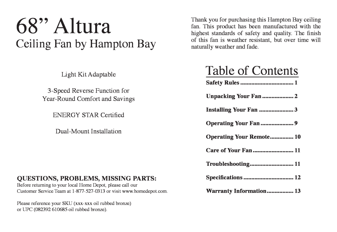 Hampton Bay 68-ATR owner manual 68” Altura, Table of Contents, Ceiling Fan by Hampton Bay, Dual-Mount Installation 
