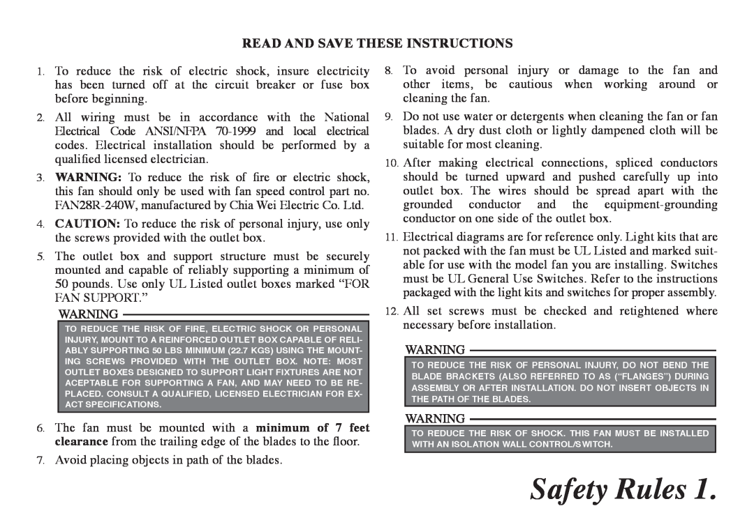Hampton Bay 68-ATR owner manual Safety Rules, Read And Save These Instructions 