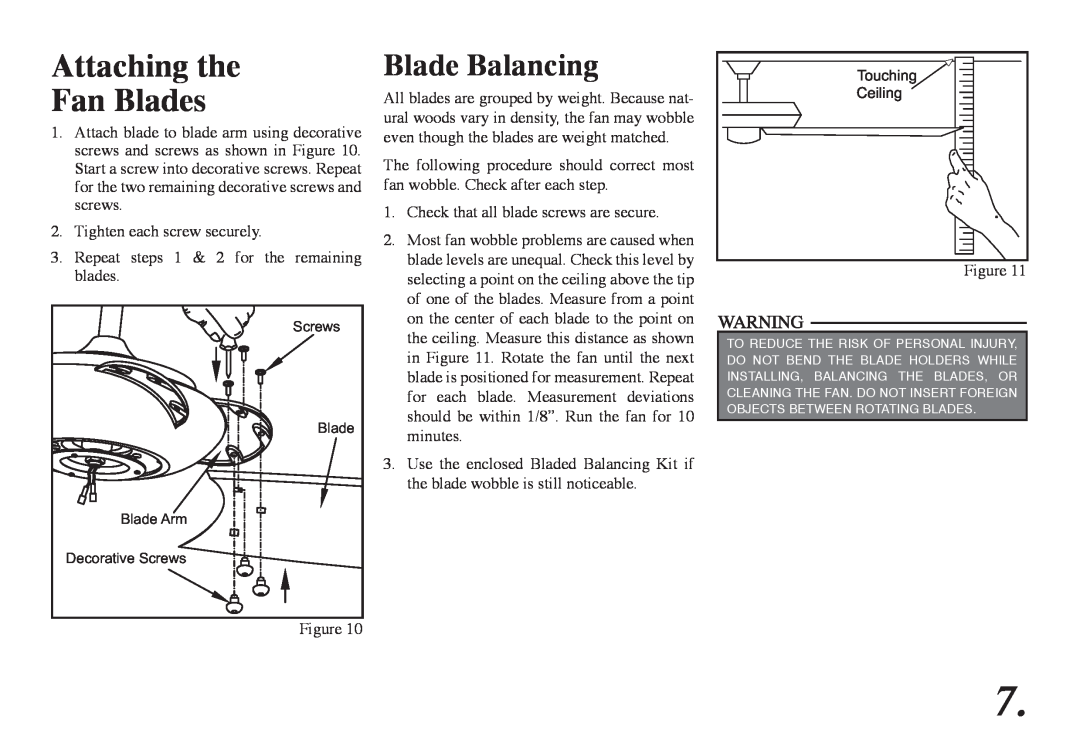Hampton Bay 68-ATR owner manual Attaching the Fan Blades, Blade Balancing 
