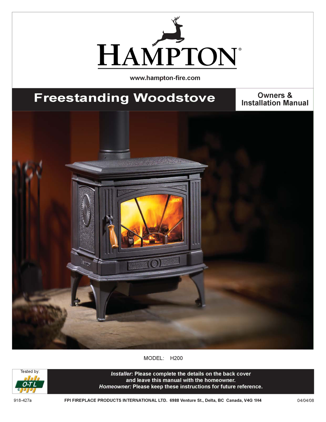 Hampton Bay H200 installation manual Freestanding Woodstove 