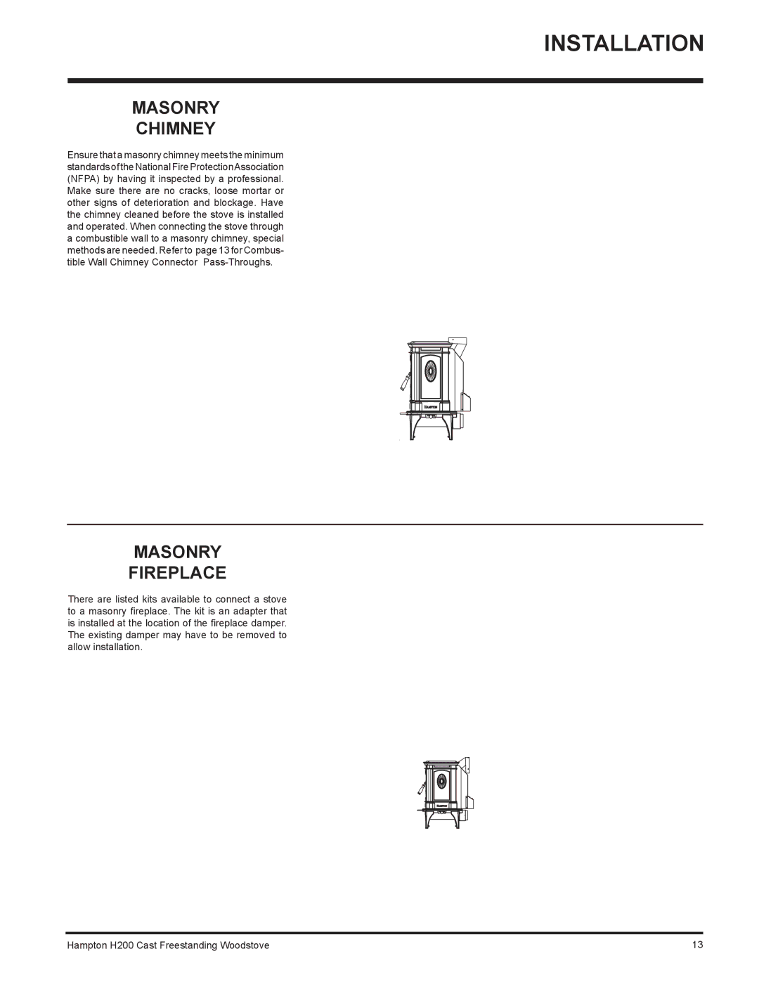 Hampton Bay H200 installation manual Masonry Chimney, Masonry Fireplace 