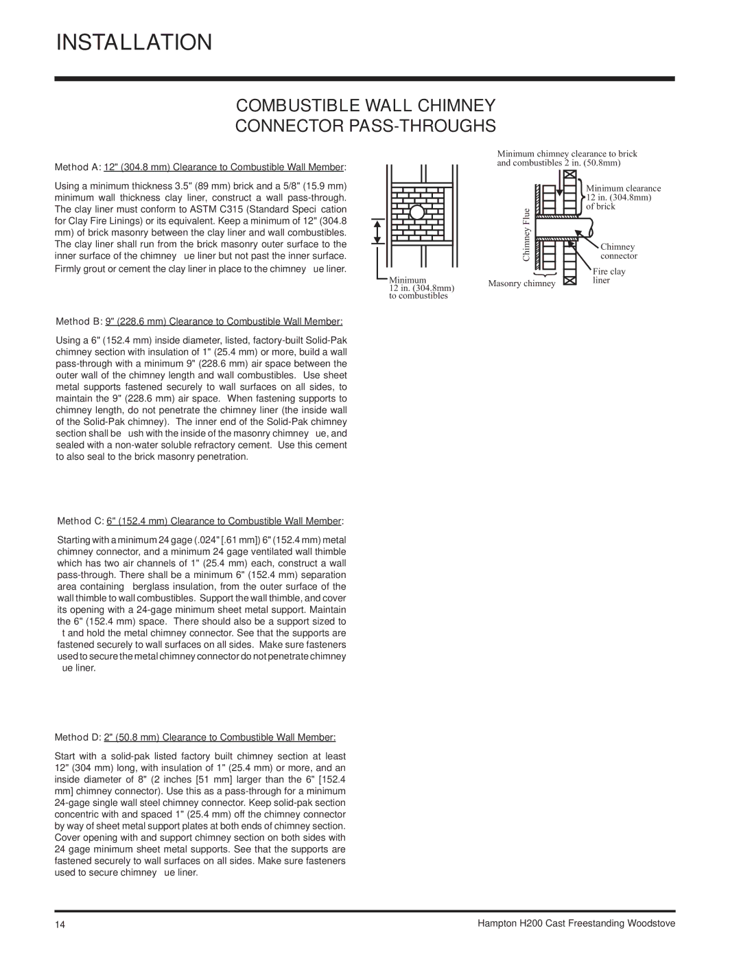 Hampton Bay H200 installation manual Combustible Wall Chimney Connector PASS-THROUGHS 