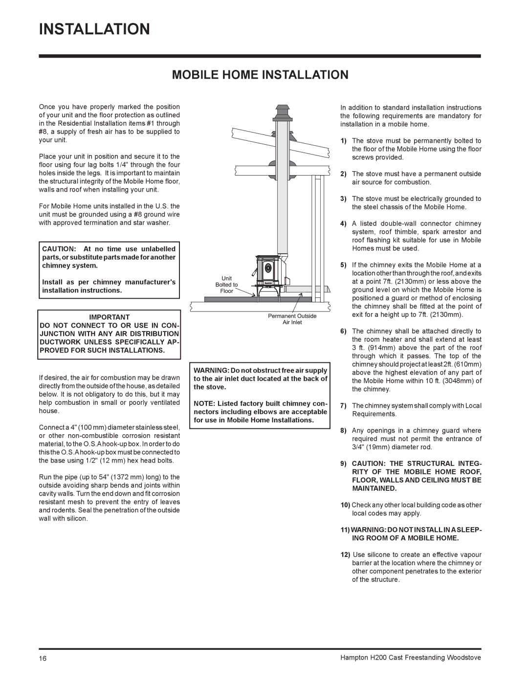 Hampton Bay H200 installation manual Mobile Home Installation 