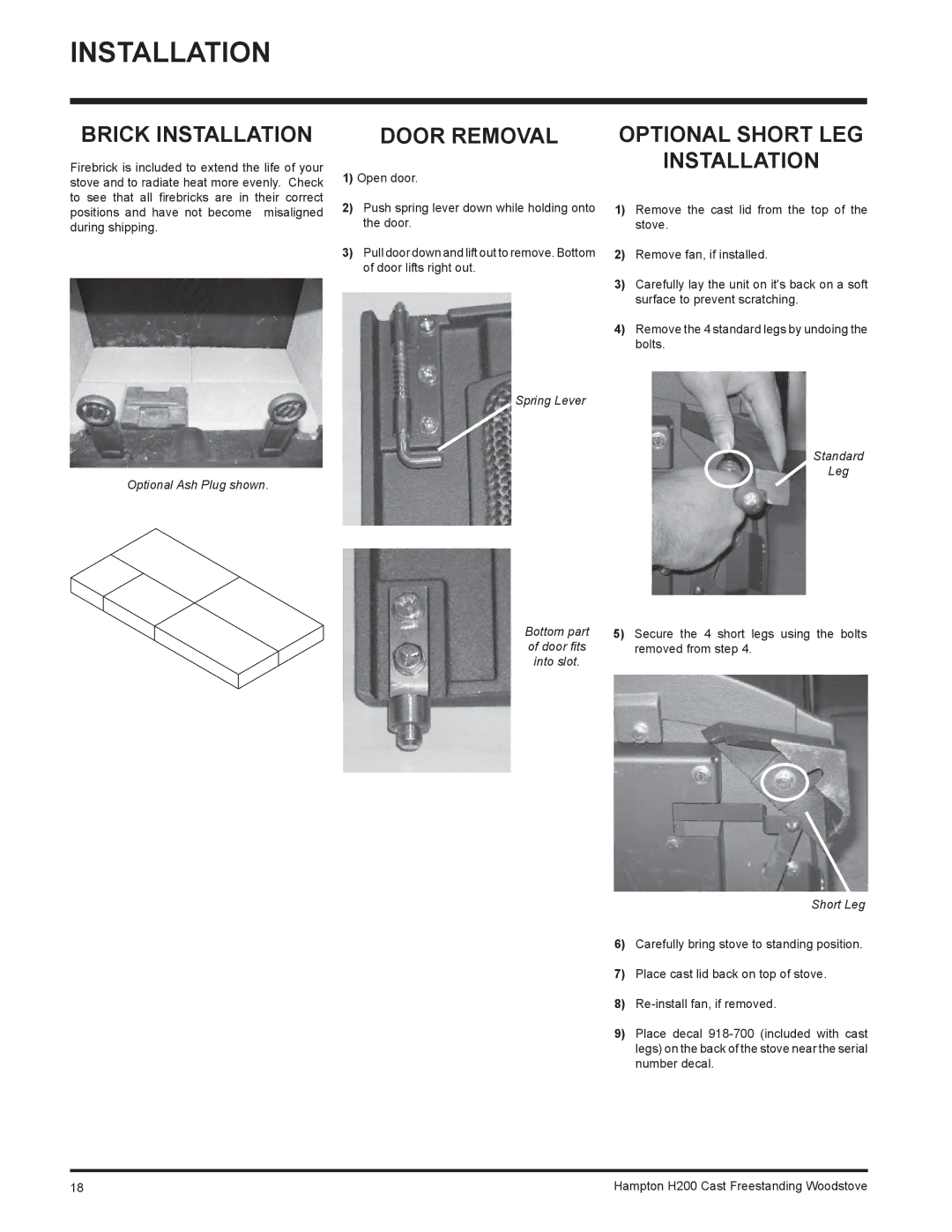 Hampton Bay H200 installation manual Brick Installation, Door Removal, Optional Short LEG Installation 