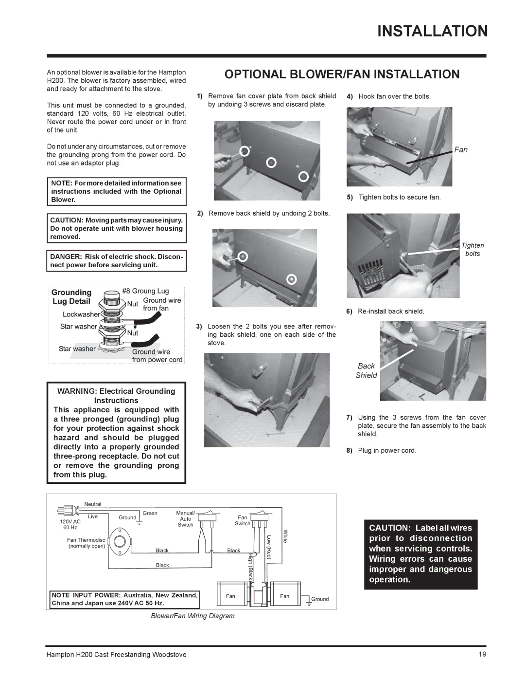 Hampton Bay H200 installation manual Optional BLOWER/FAN Installation, Back Shield 