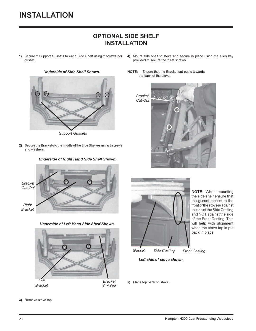 Hampton Bay H200 installation manual Optional Side Shelf Installation, Underside of Side Shelf Shown 