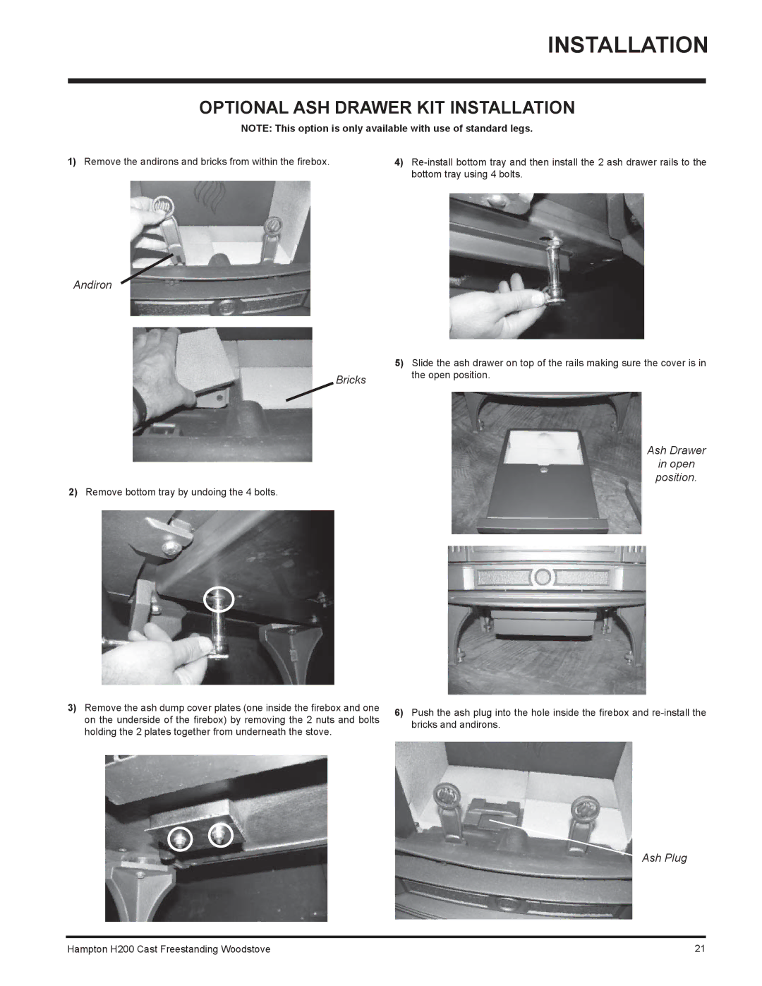 Hampton Bay H200 installation manual Optional ASH Drawer KIT Installation, Andiron Bricks 