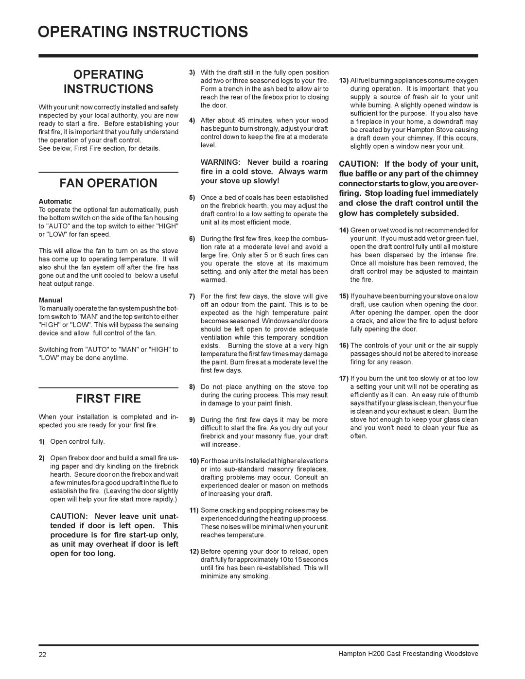 Hampton Bay H200 installation manual Operating Instructions, FAN Operation, First Fire 