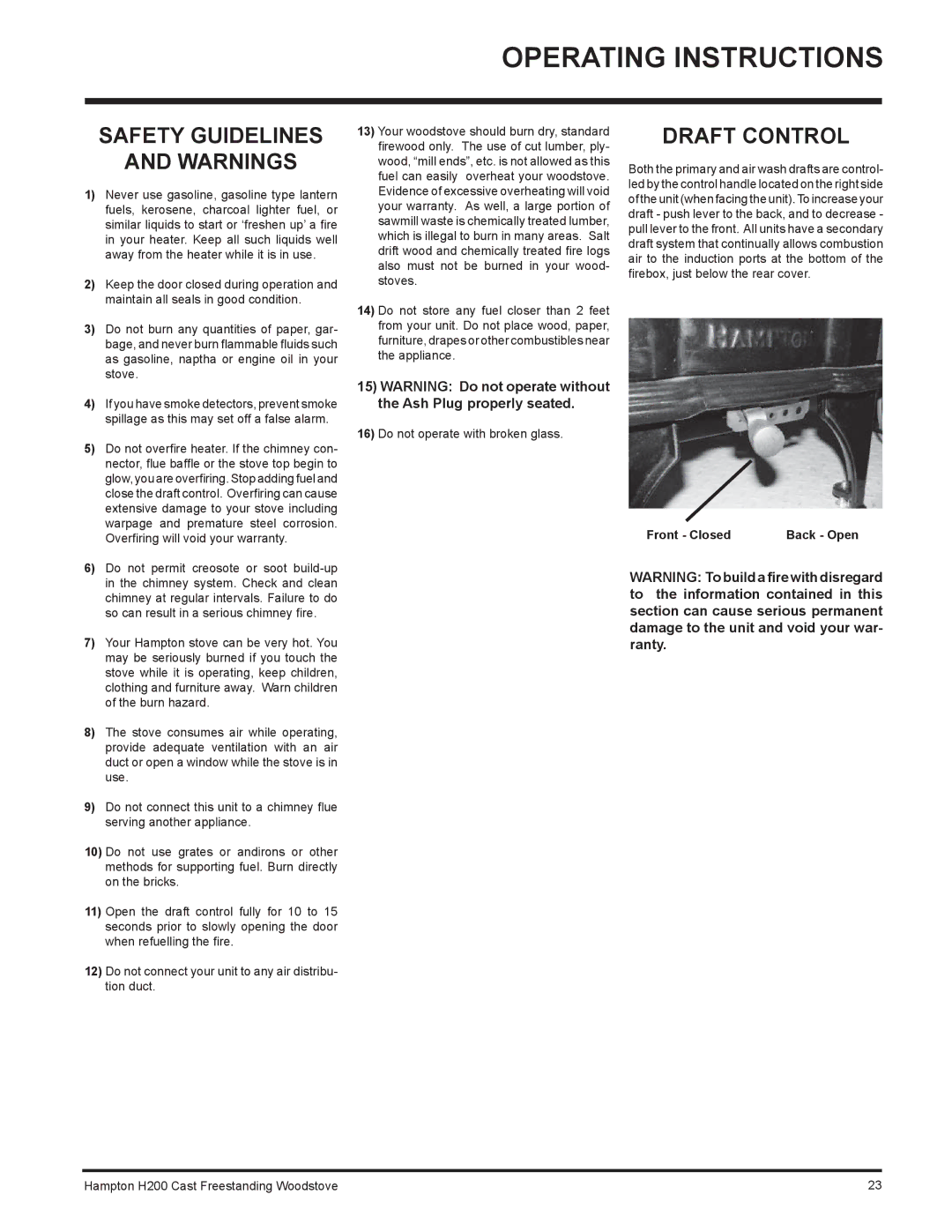 Hampton Bay H200 installation manual Safety Guidelines, Draft Control 