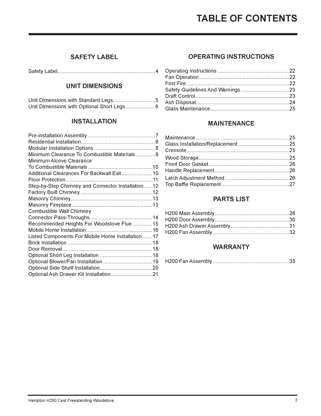 Hampton Bay H200 installation manual Table of Contents 