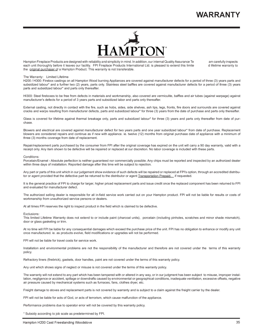 Hampton Bay H200 installation manual Warranty, Conditions 