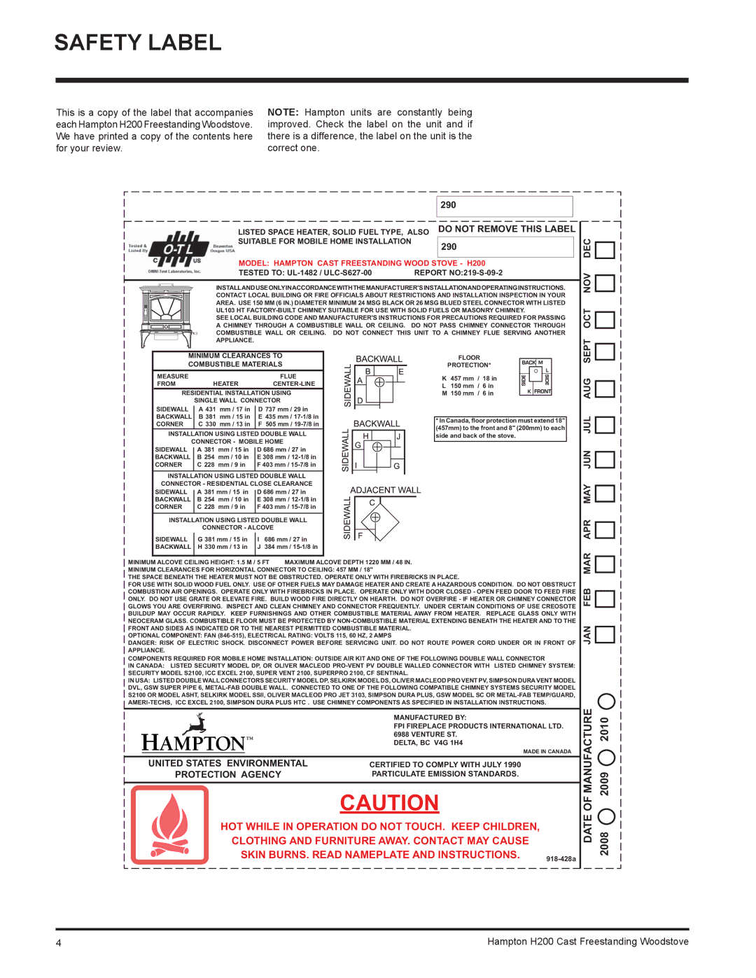 Hampton Bay H200 installation manual Safety Label, 290 