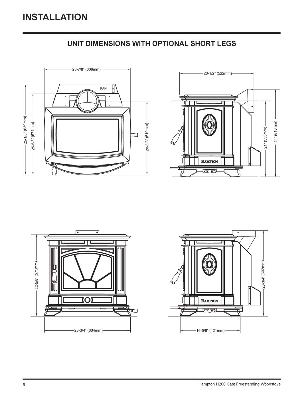 Hampton Bay H200 installation manual Unit Dimensions with Optional Short Legs 