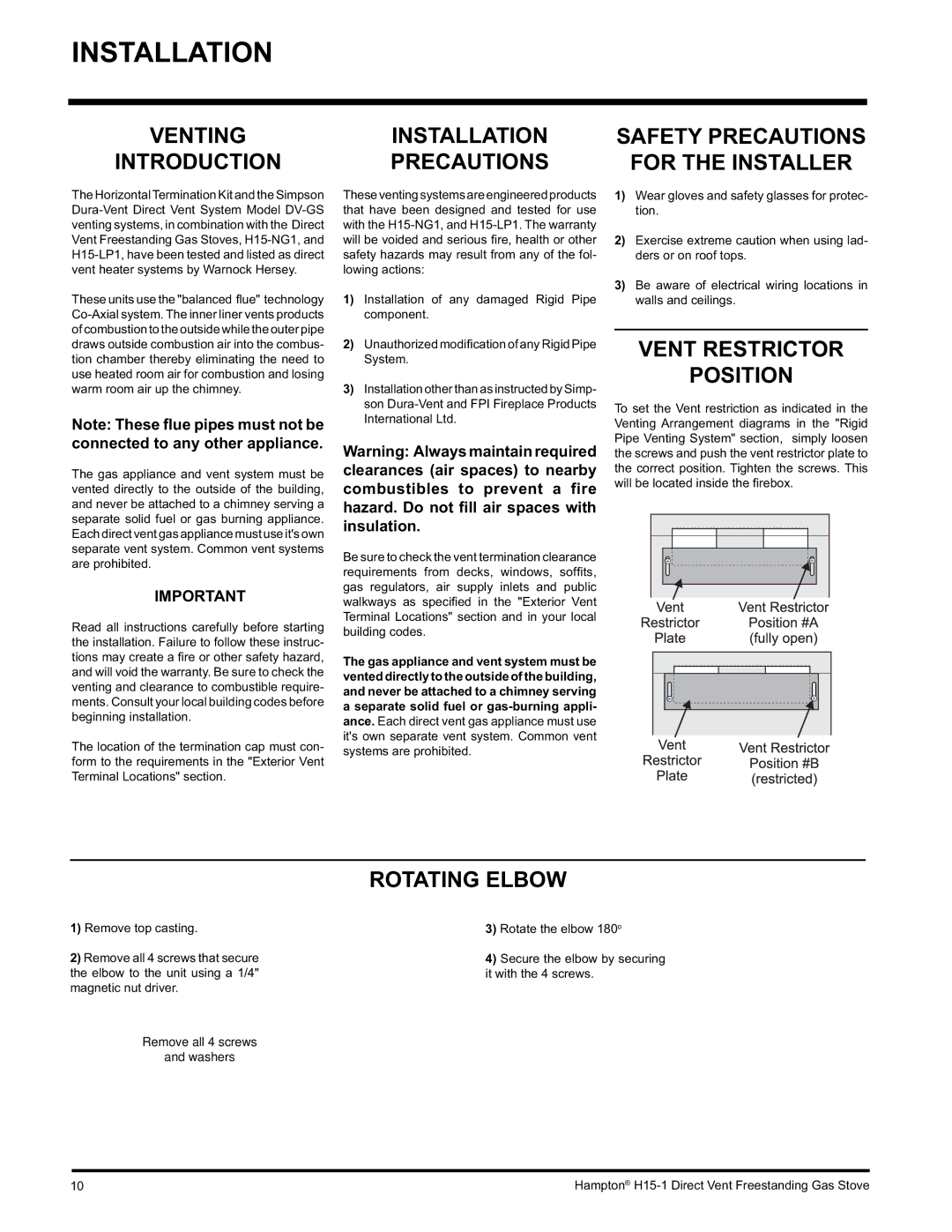 Hampton Direct H15-NG1, H15-LP1 Precautions, Vent Restrictor Position, Rotating Elbow, Remove all 4 screws Washers 