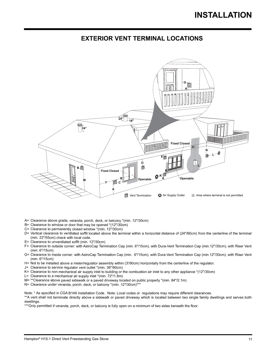 Hampton Direct H15-LP1, H15-NG1 installation manual Exterior Vent Terminal Locations 