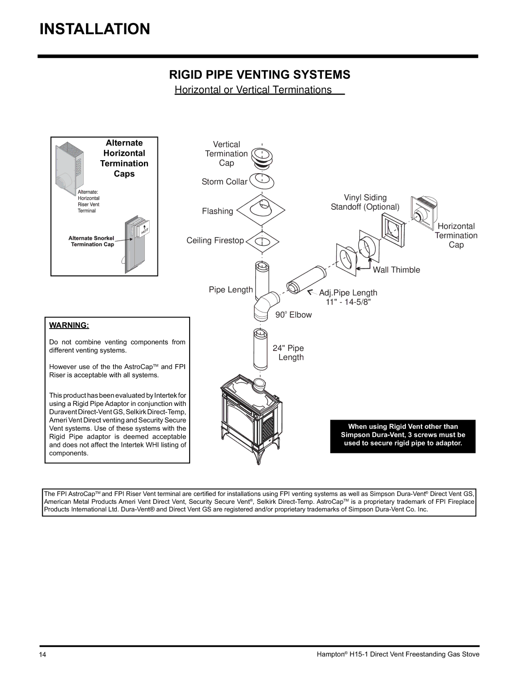 Hampton Direct H15-NG1, H15-LP1 installation manual Rigid Pipe Venting Systems, Alternate, Horizontal, Caps 