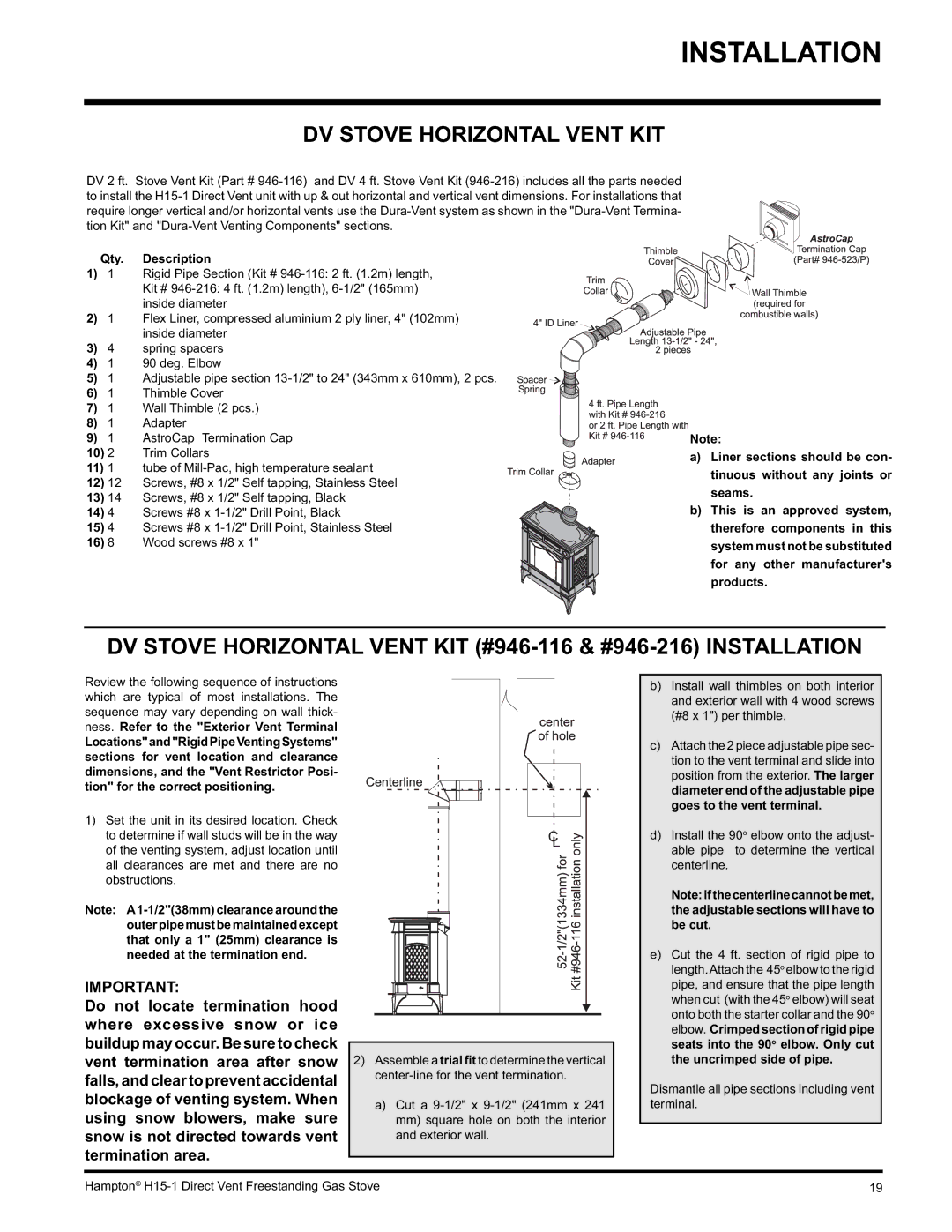 Hampton Direct H15-LP1, H15-NG1 installation manual DV Stove Horizontal Vent KIT, Qty. Description 