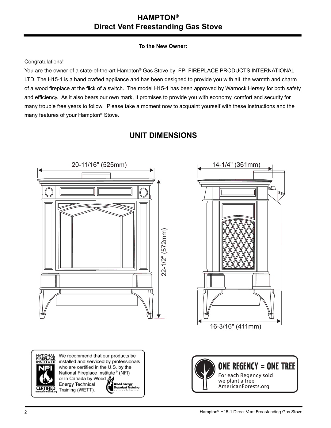 Hampton Direct H15-NG1, H15-LP1 installation manual Hampton, Unit Dimensions, To the New Owner 