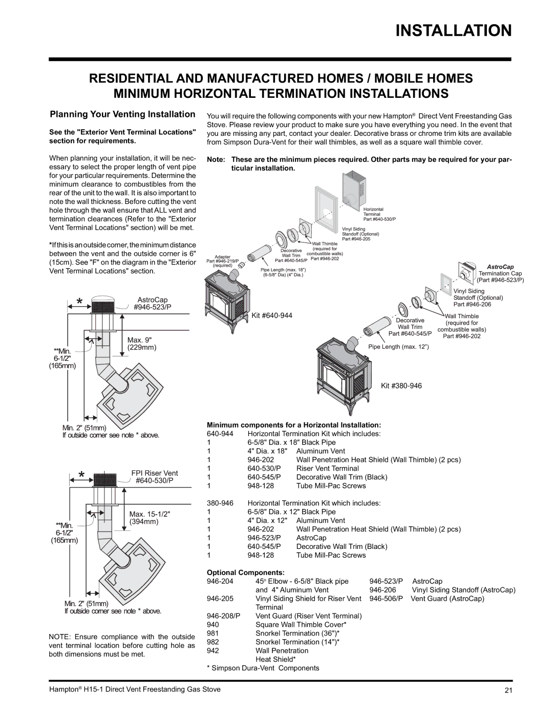 Hampton Direct H15-LP1, H15-NG1 Planning Your Venting Installation, Kit #640-944 Kit #380-946, Optional Components 