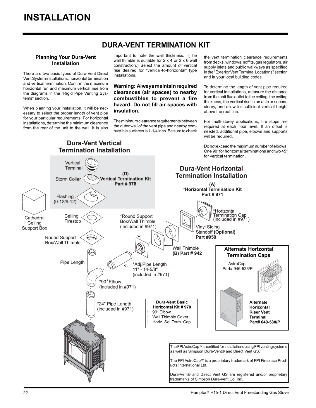 Hampton Direct H15-NG1 DURA-VENT Termination KIT, Planning Your Dura-Vent Installation, Dura-Vent Basic Horizontal Kit # 