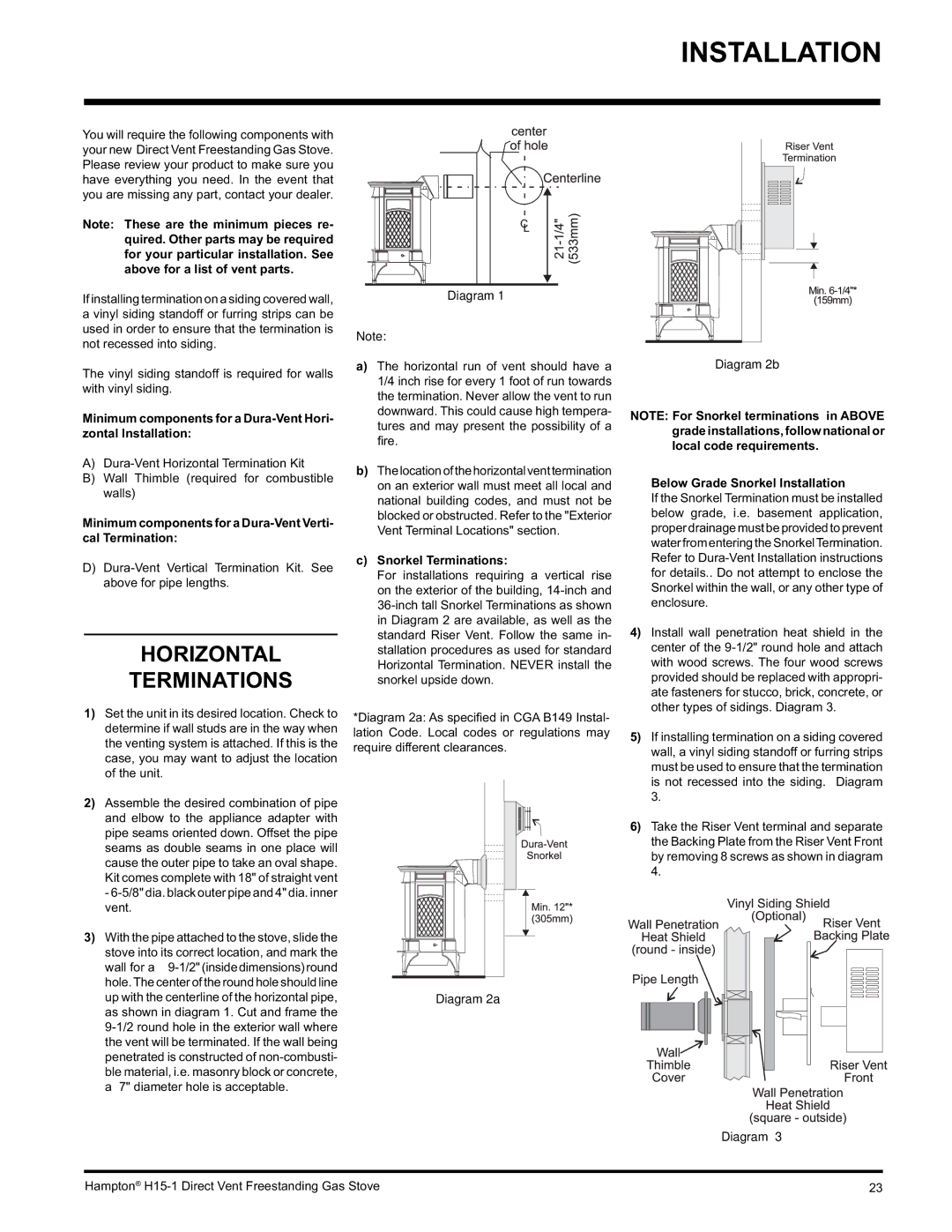 Hampton Direct H15-LP1, H15-NG1 Horizontal Terminations, Minimum components for a Dura-Vent Verti- cal Termination 