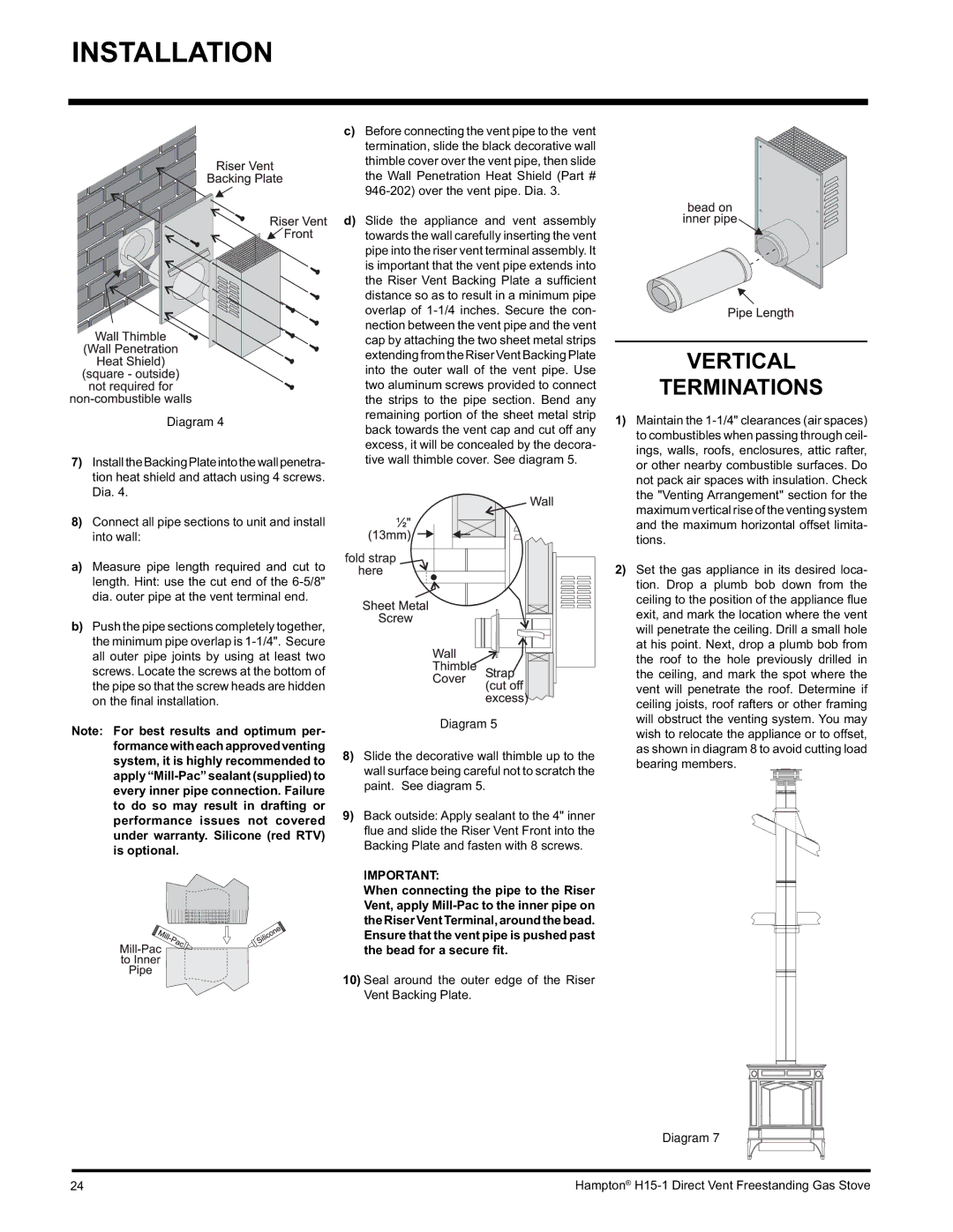 Hampton Direct H15-NG1, H15-LP1 Vertical Terminations, Seal around the outer edge of the Riser Vent Backing Plate 