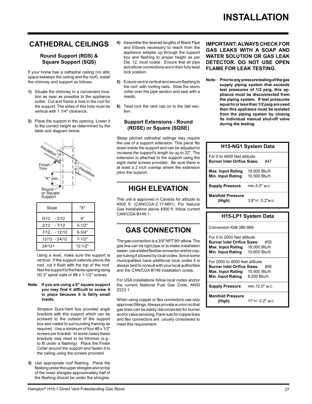 Hampton Direct H15-LP1, H15-NG1 installation manual Cathedral Ceilings, High Elevation, GAS Connection 