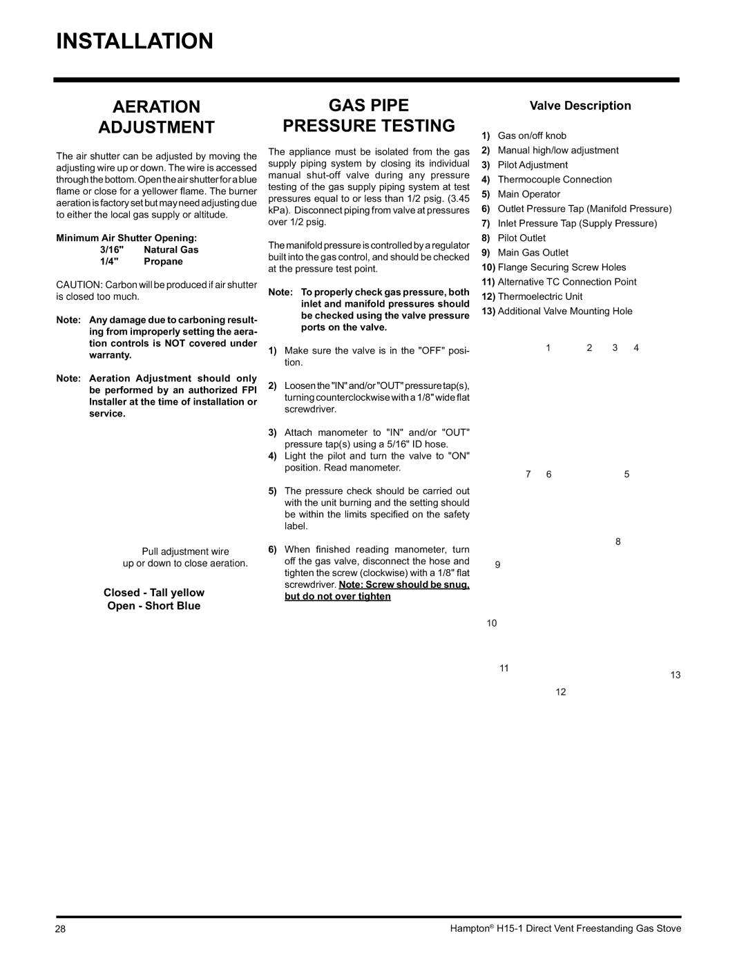 Hampton Direct H15-NG1, H15-LP1 installation manual Valve Description 