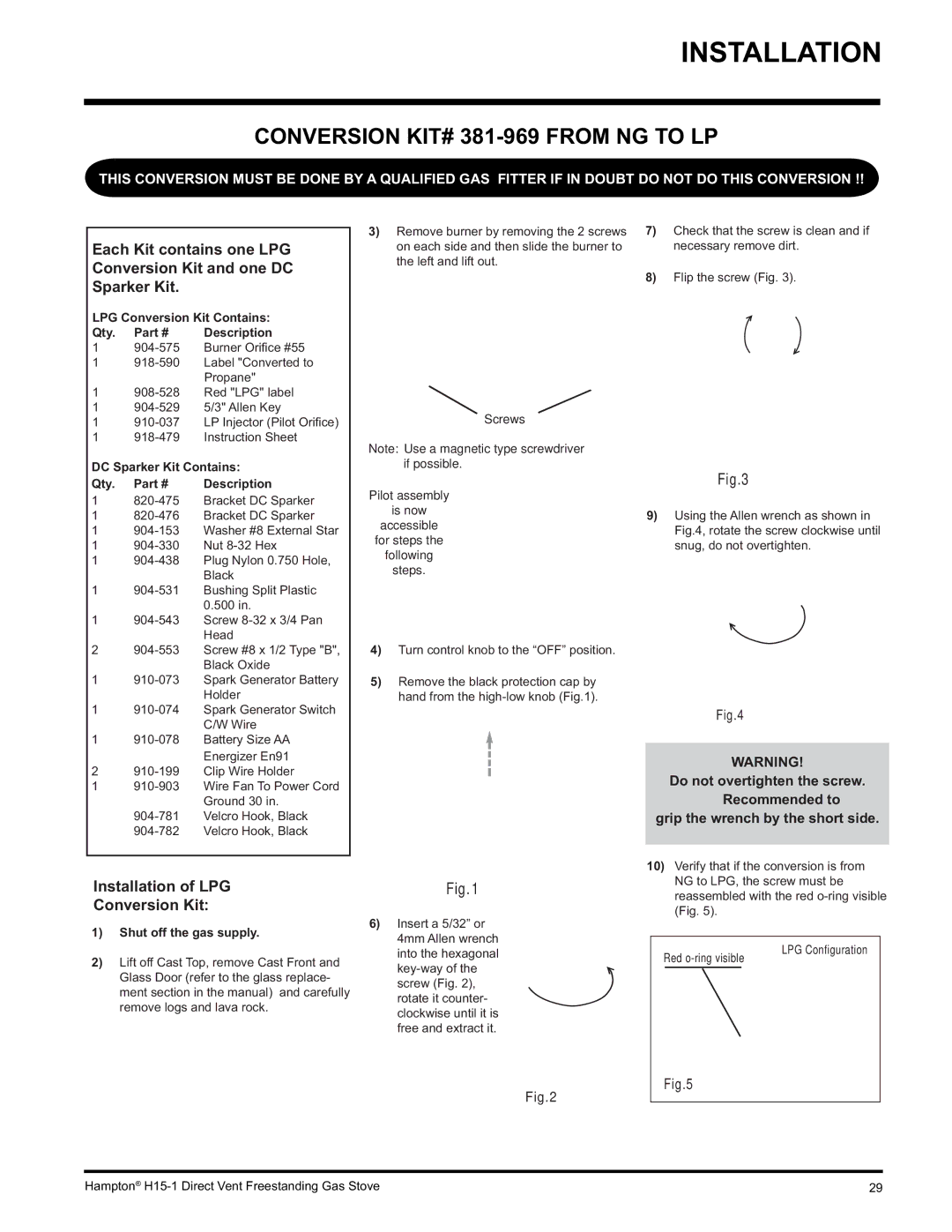Hampton Direct H15-LP1, H15-NG1 installation manual Conversion KIT# 381-969 from NG to LP, LPG Conversion Kit Contains Qty 