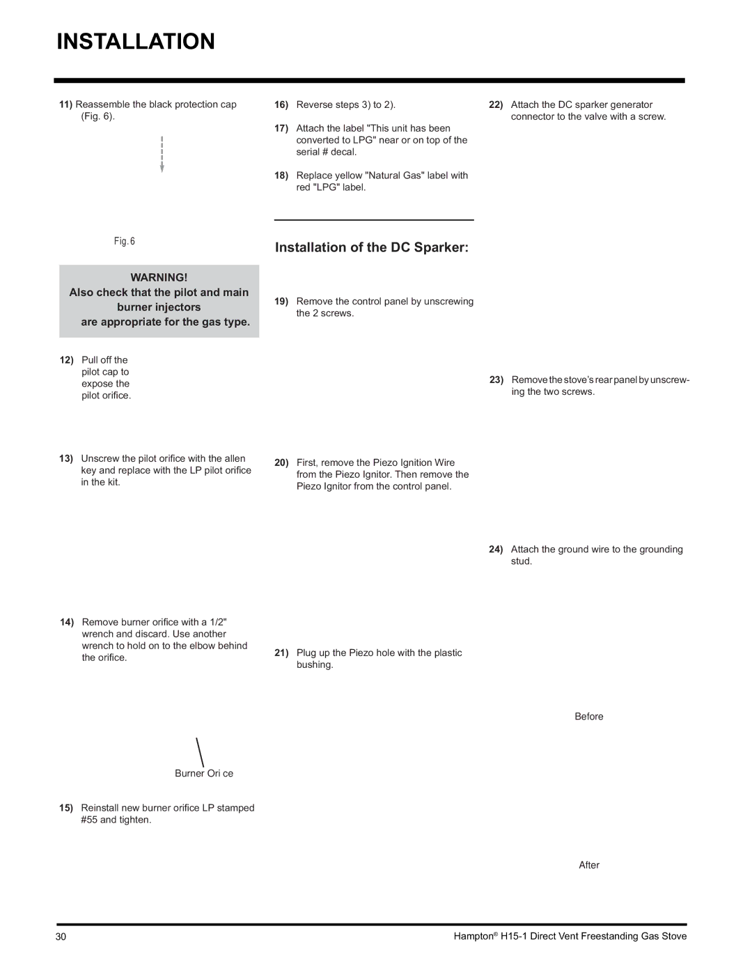 Hampton Direct H15-NG1, H15-LP1 installation manual Installation of the DC Sparker 