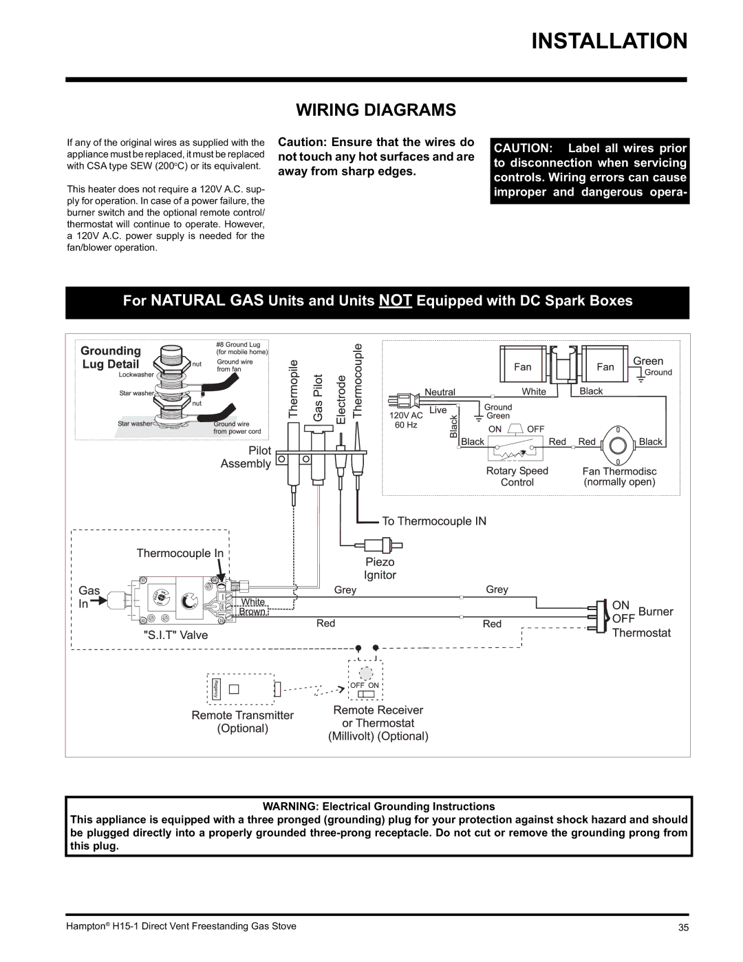 Hampton Direct H15-LP1, H15-NG1 installation manual Wiring Diagrams 