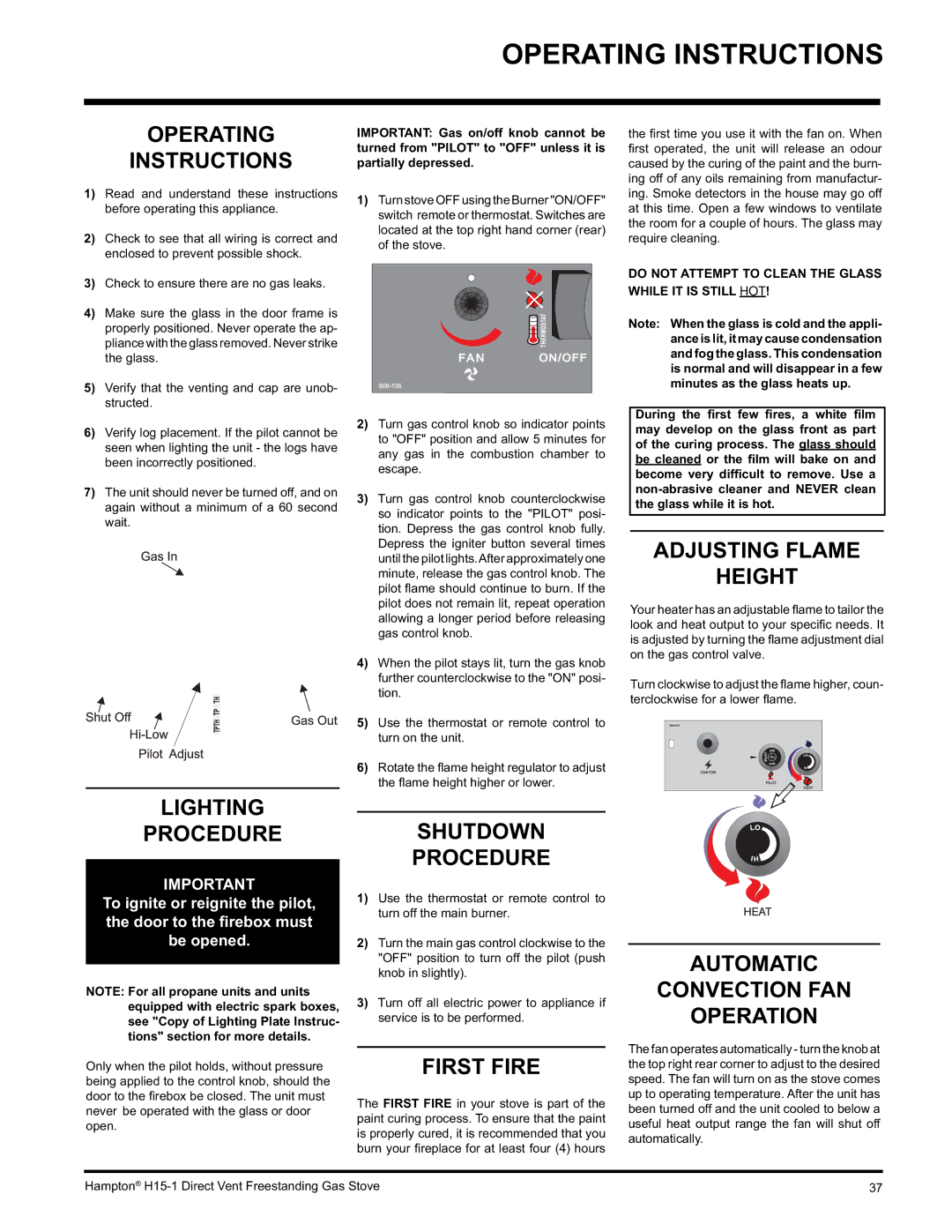 Hampton Direct H15-LP1, H15-NG1 installation manual Operating Instructions 