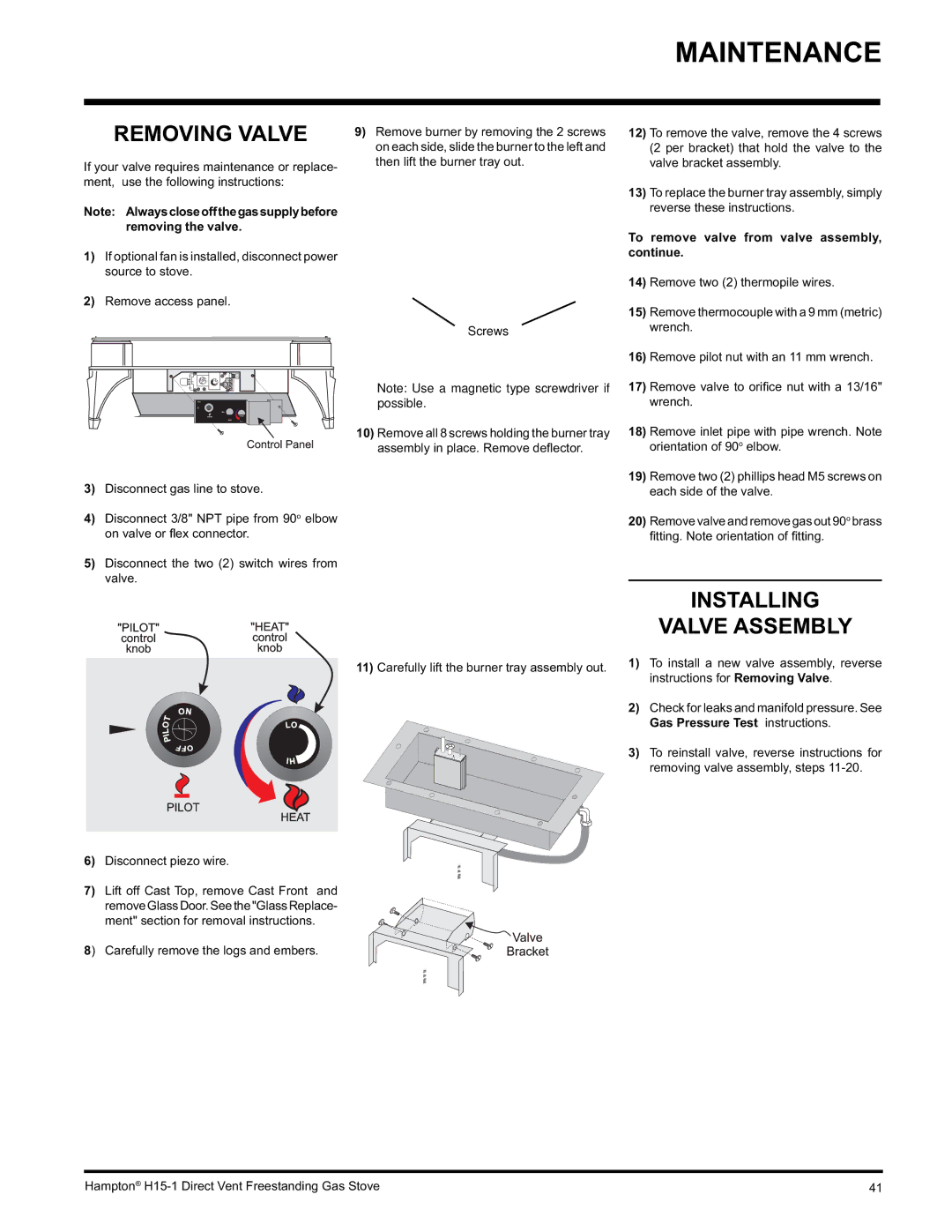 Hampton Direct H15-LP1 Removing Valve, Installing Valve Assembly, Screws, To remove valve from valve assembly, continue 