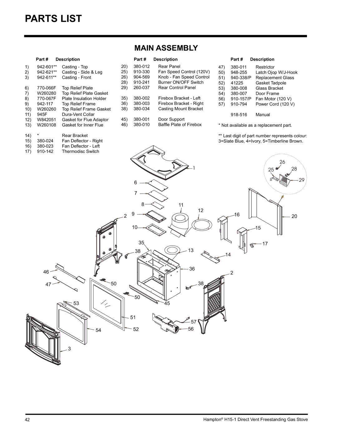 Hampton Direct H15-NG1, H15-LP1 installation manual Parts List, Main Assembly 