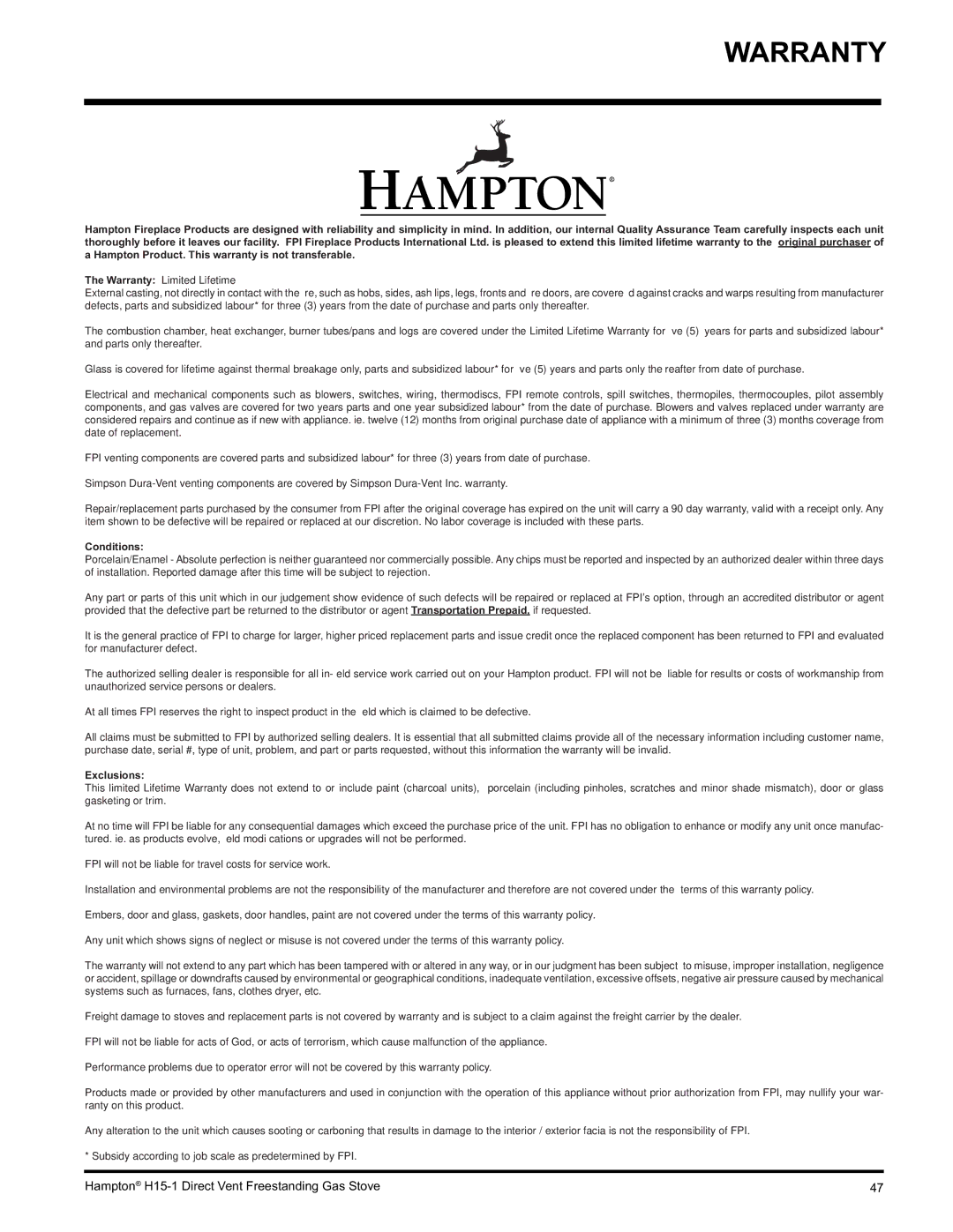 Hampton Direct H15-LP1, H15-NG1 installation manual Warranty, Conditions 