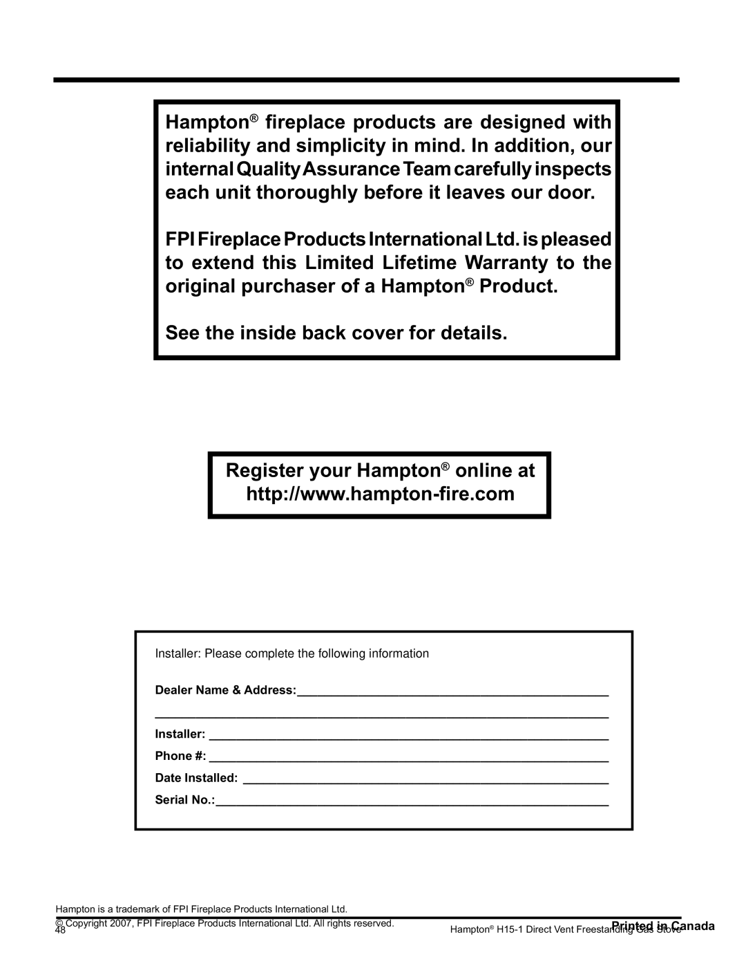 Hampton Direct H15-NG1, H15-LP1 installation manual Installer Please complete the following information 