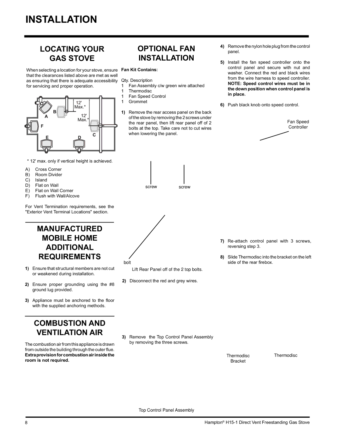 Hampton Direct H15-NG1 Optional FAN, Installation, Manufactured Mobile Home Additional Requirements, Fan Kit Contains 