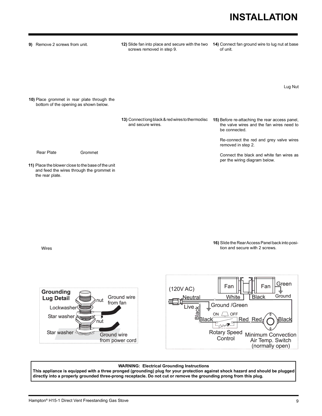 Hampton Direct H15-LP1, H15-NG1 installation manual Rear Plate, Wires Lug Nut 