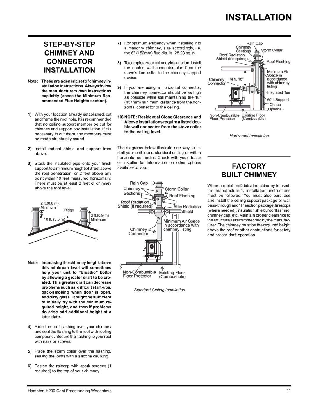 Hampton Direct H200 installation manual STEP-BY-STEP Chimney Connector Installation, Factory Built Chimney 