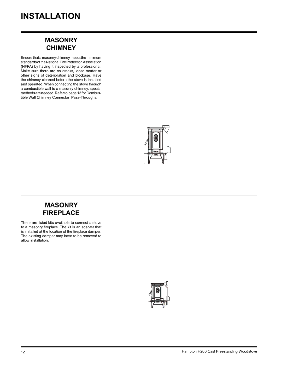 Hampton Direct H200 installation manual Masonry Chimney, Masonry Fireplace 