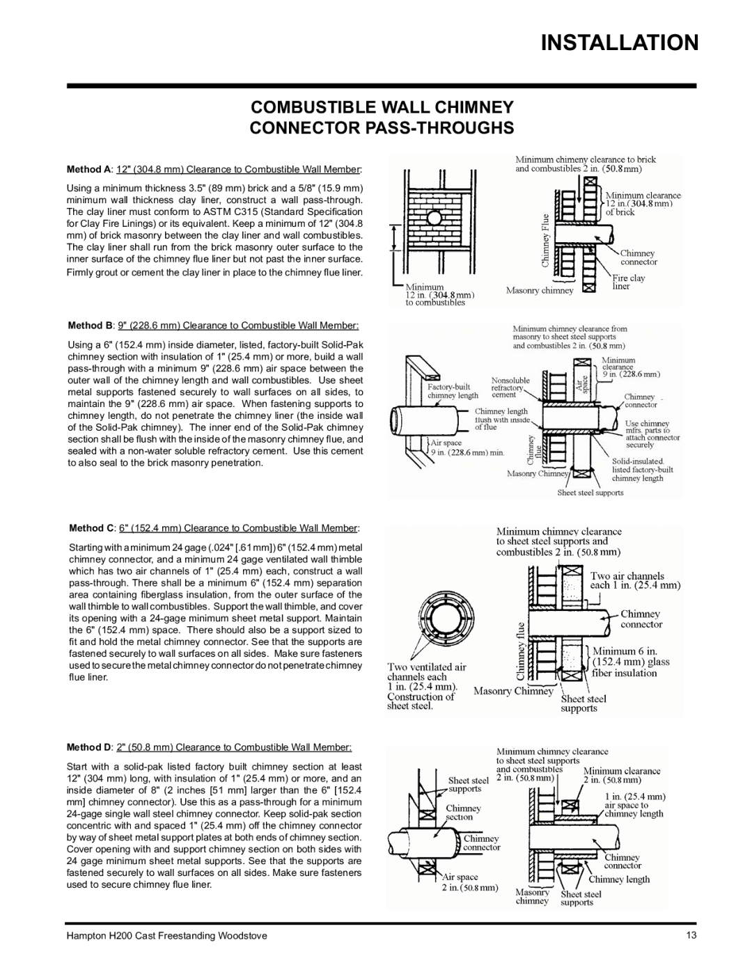 Hampton Direct H200 installation manual Combustible Wall Chimney Connector PASS-THROUGHS 