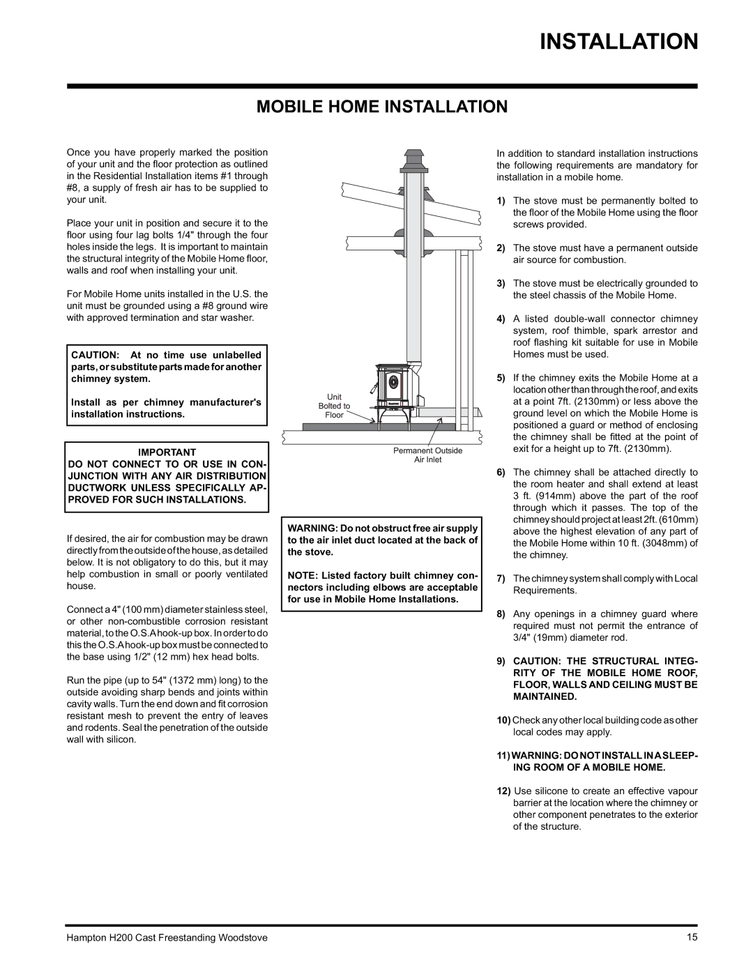 Hampton Direct H200 installation manual Mobile Home Installation 