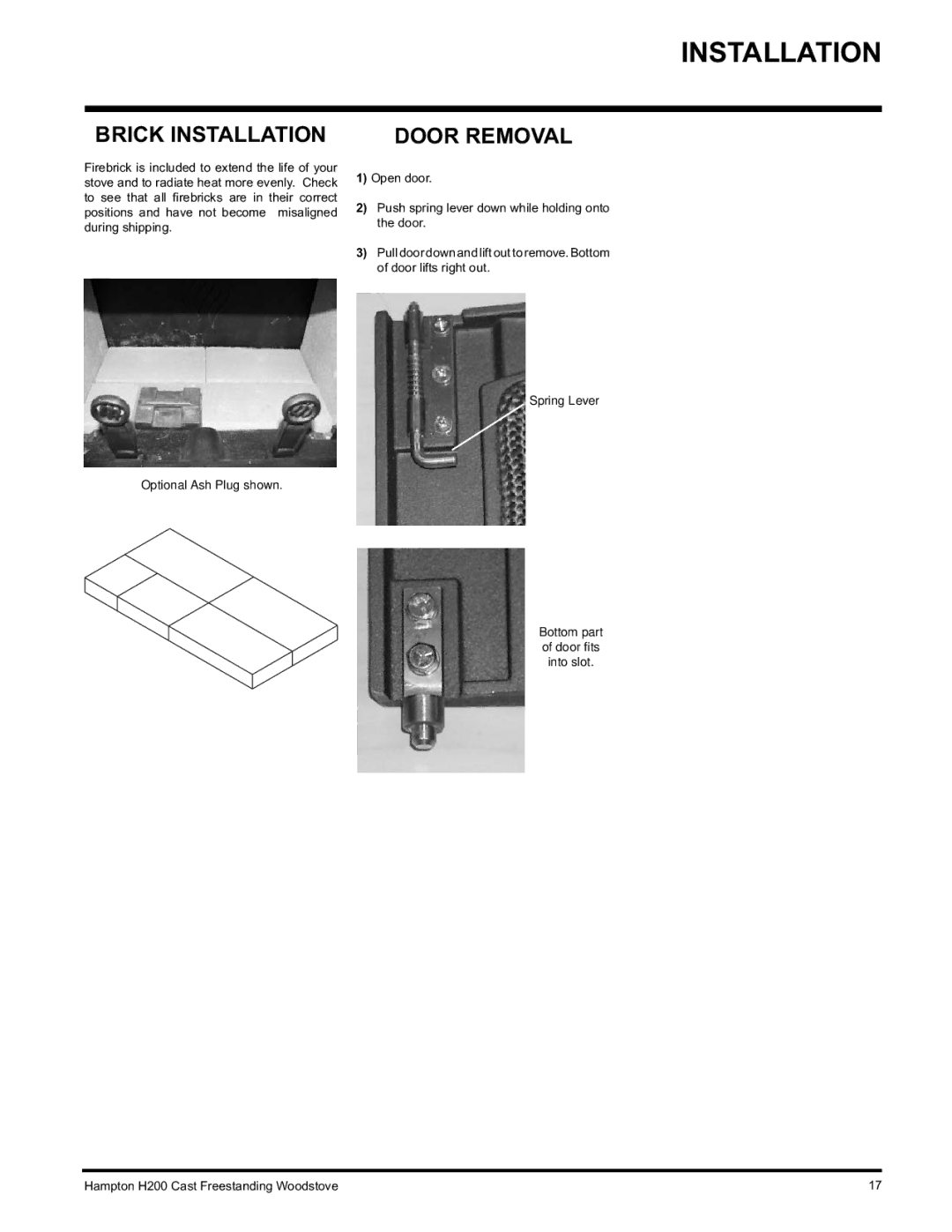 Hampton Direct H200 installation manual Brick Installation, Door Removal 