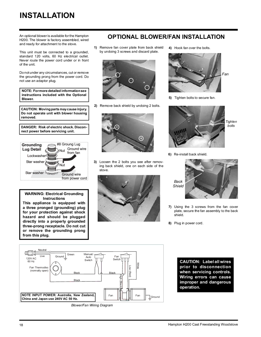 Hampton Direct H200 installation manual Optional BLOWER/FAN Installation, Fan 