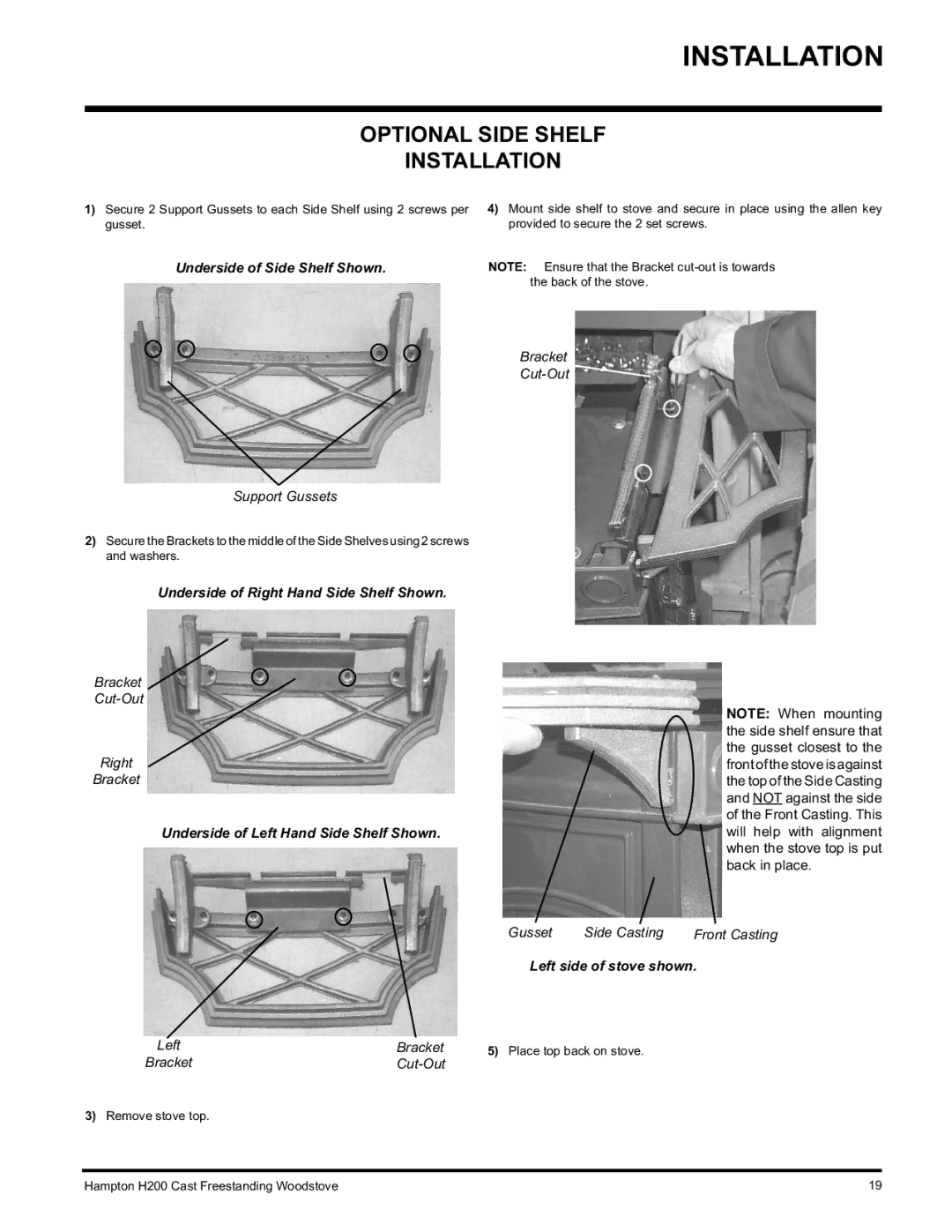 Hampton Direct H200 installation manual Optional Side Shelf Installation, Underside of Side Shelf Shown 