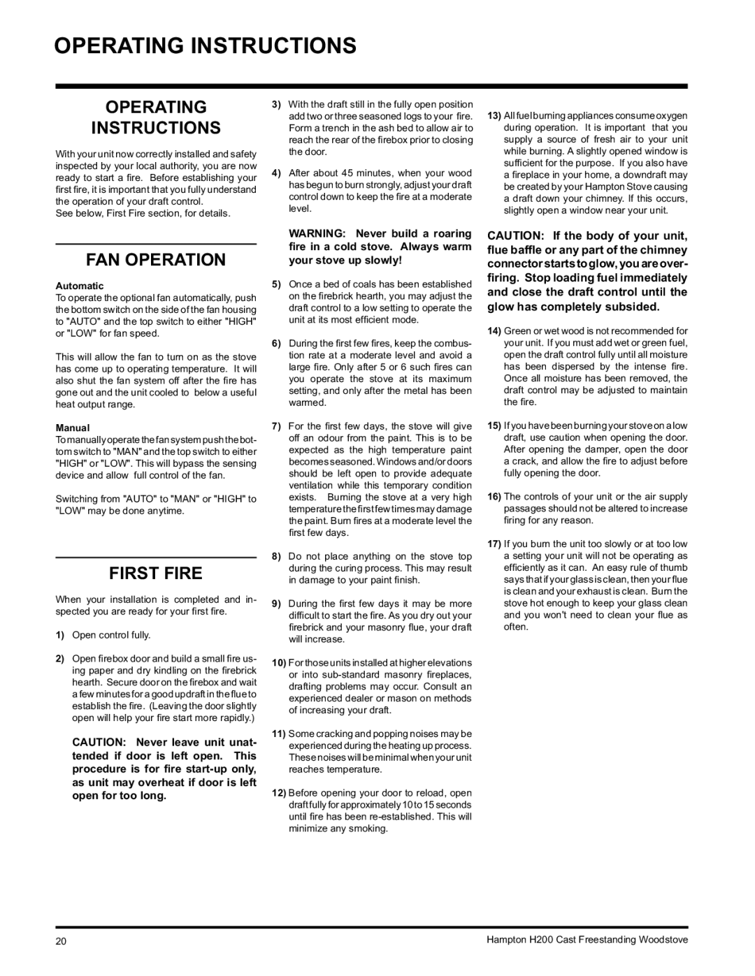 Hampton Direct H200 installation manual Operating Instructions, FAN Operation, First Fire 