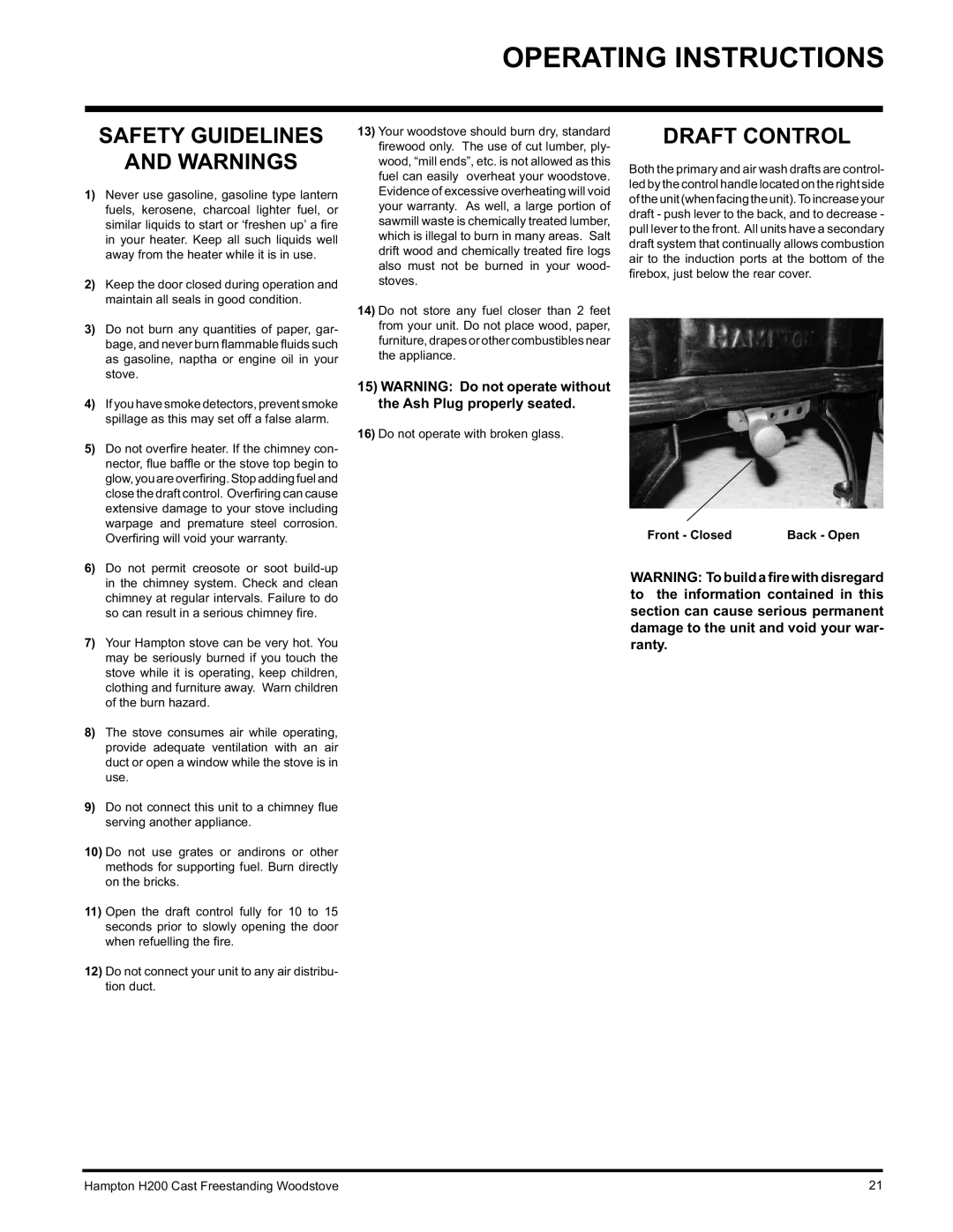 Hampton Direct H200 installation manual Safety Guidelines, Draft Control 