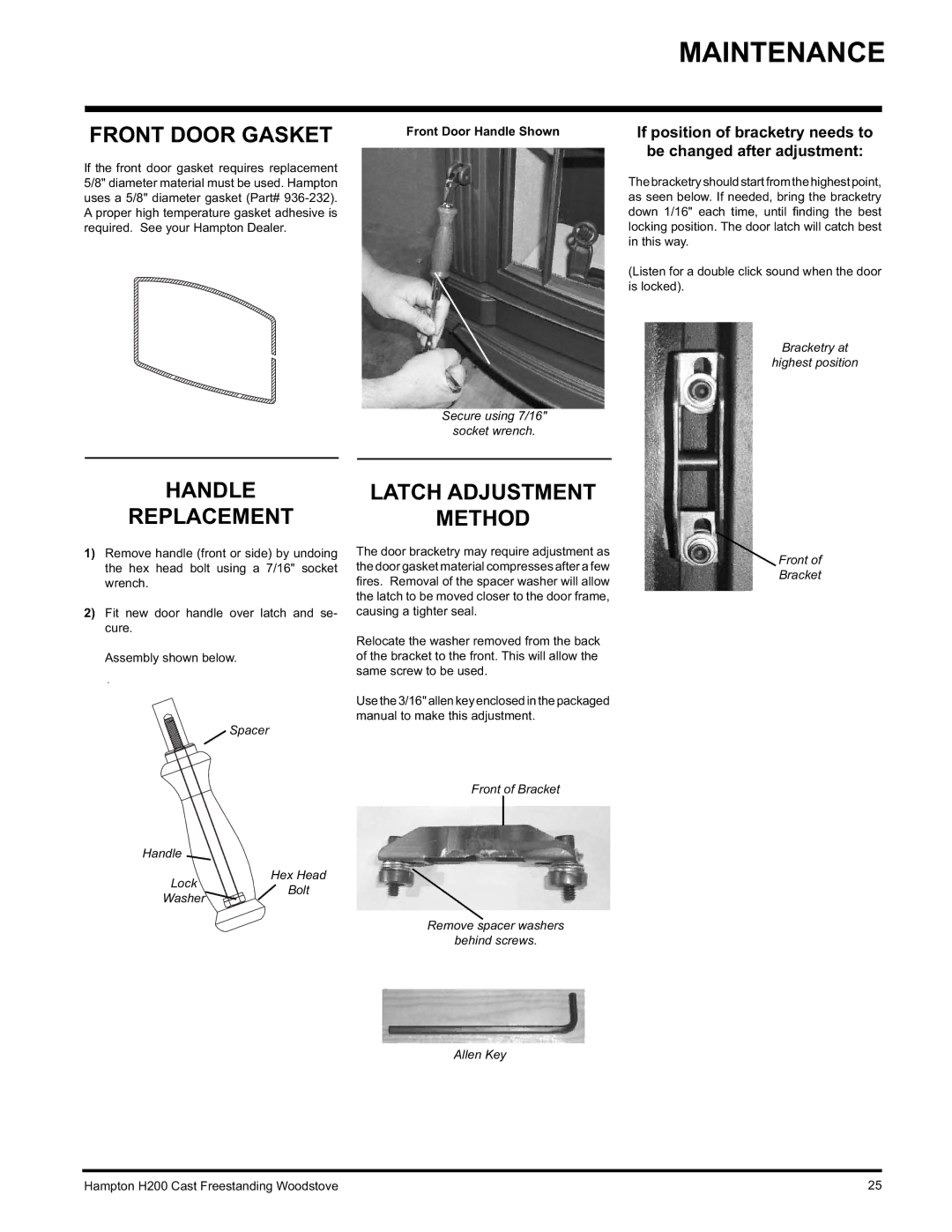 Hampton Direct H200 installation manual Front Door Gasket, Handle 