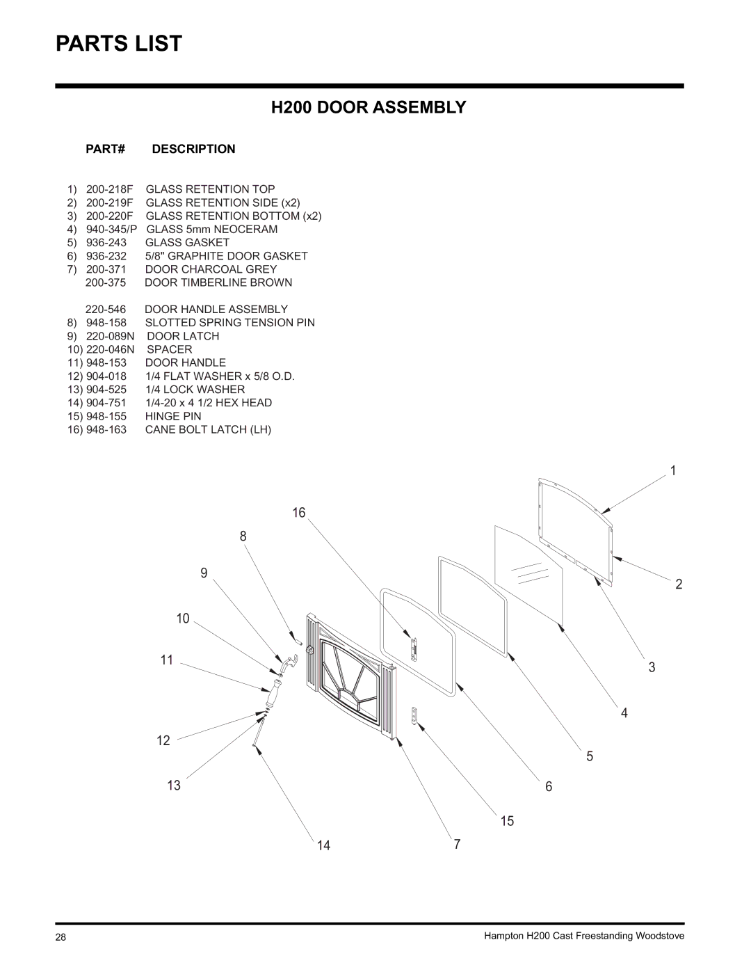 Hampton Direct installation manual H200 Door Assembly, PART# Description 