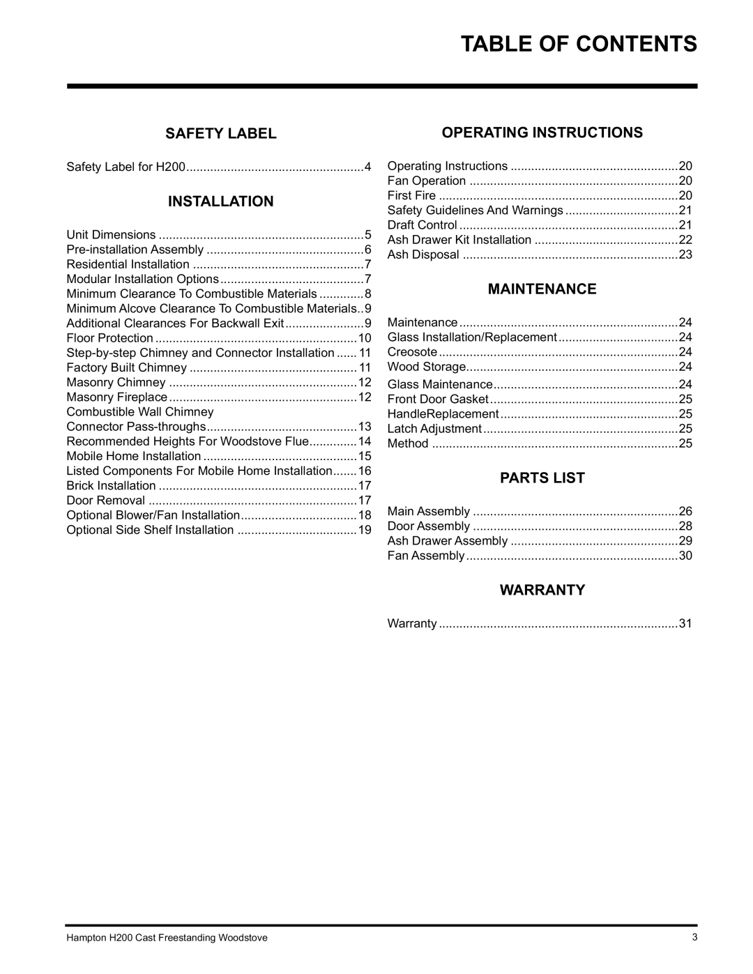 Hampton Direct H200 installation manual Table of Contents 